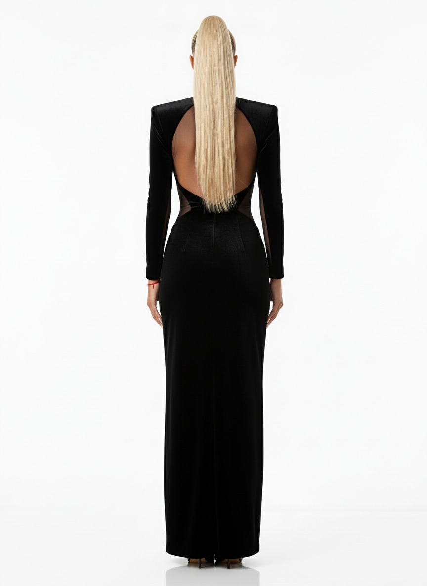 Black evening gown with open back on a white background